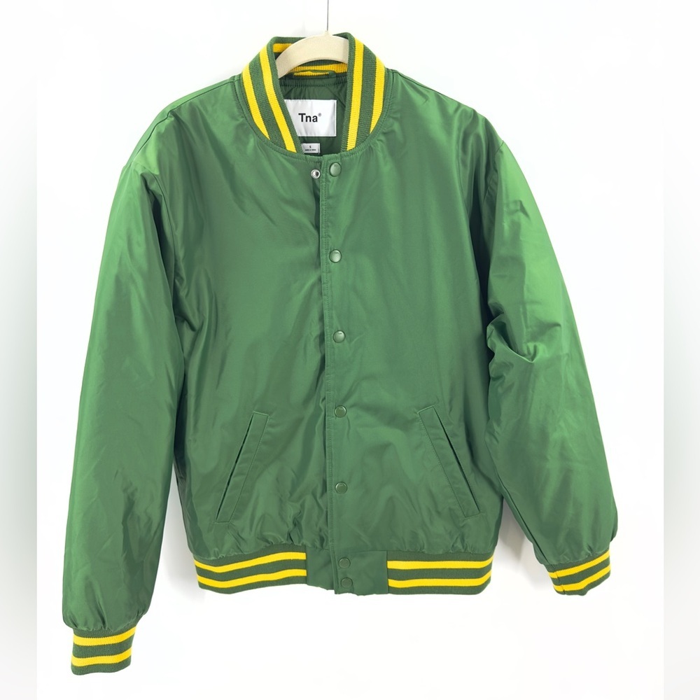 Aritzia Tna Stadium Bomber Jacket Womens Small Preppy Academia Sporty Gorp Green